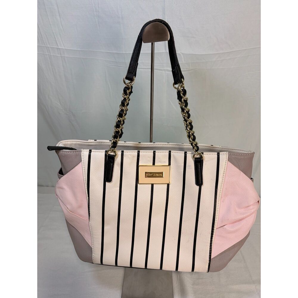 Betsey Johnson Striped Shoulder Bag Tote Cream Black Pink Accent Gold Chain